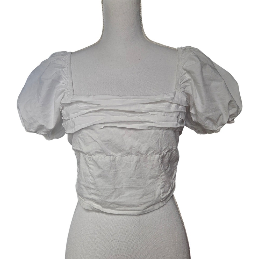 Sim & Sam White Cotton Puff Sleeve Crop Top Square Neck Smocked Back Medium